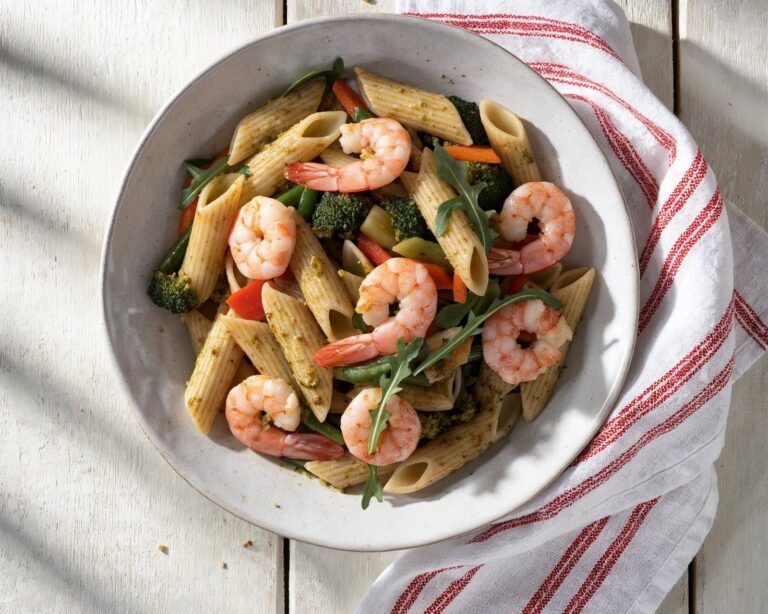 Krewetki z warzywami, makaronem i pesto