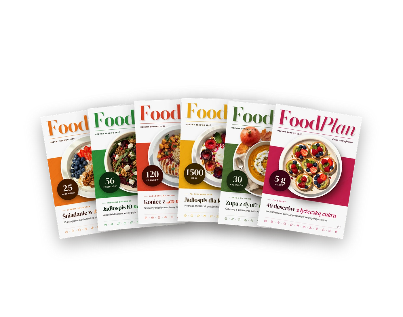Okładki sześciu ebooków Kompletu Food Plan