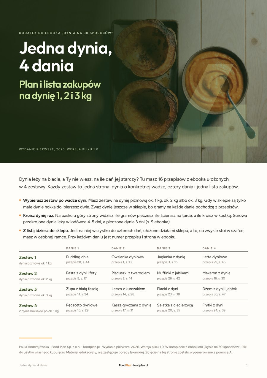Strona tytułowa planu „Jedna dynia, 4 dania” z listą zakupów