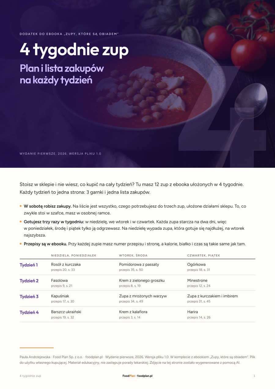 Strona tytułowa planu „4 tygodnie zup” z listą zakupów na każdy tydzień