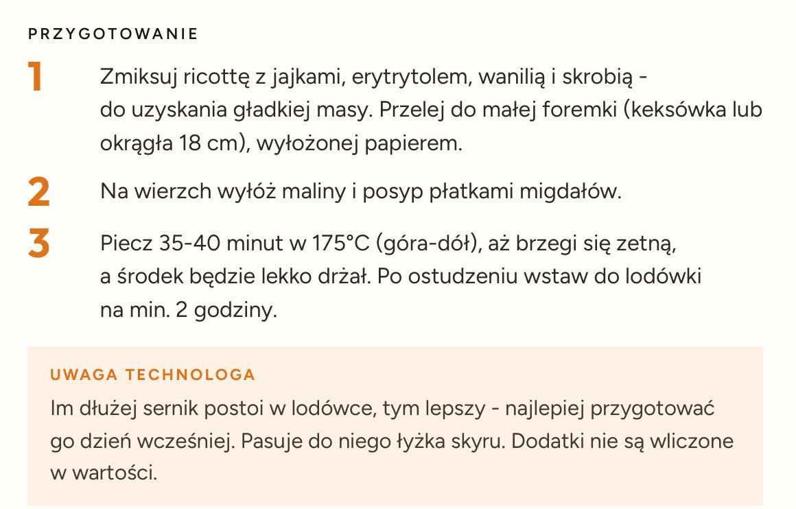 Strona 32 ebooka: Sernik z ricotty z malinami i migdałami, przygotowanie w powiększeniu