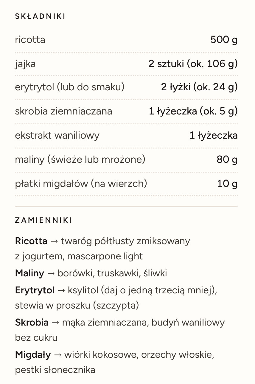 Strona 32 ebooka: Sernik z ricotty z malinami i migdałami, składniki w powiększeniu