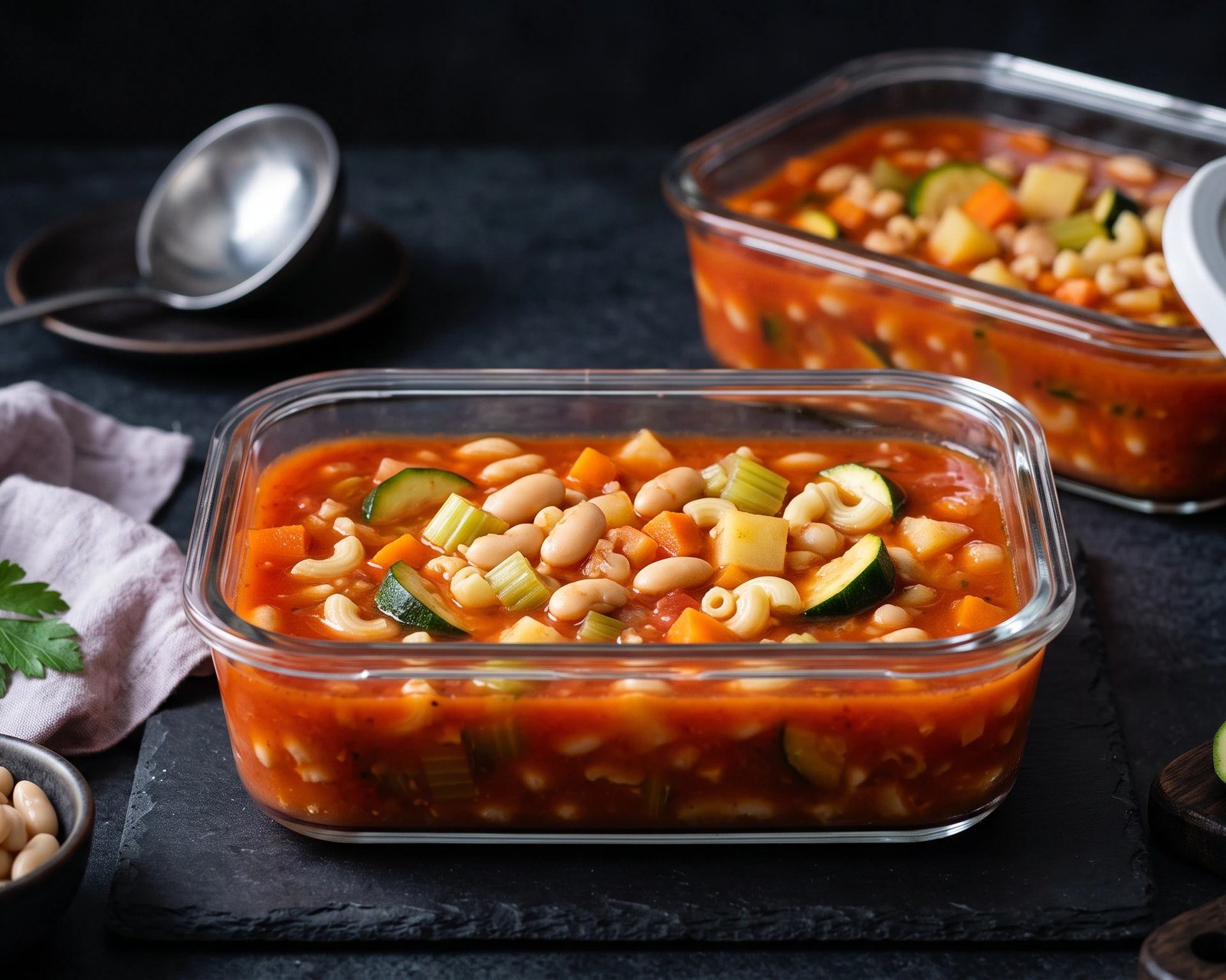 Zupa minestrone w szklanych pojemnikach do lodówki i zamrażarki