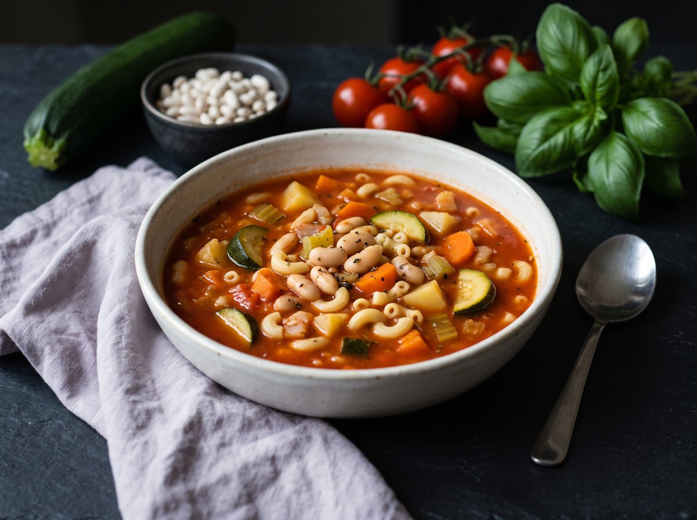 Minestrone z białą fasolą i makaronem