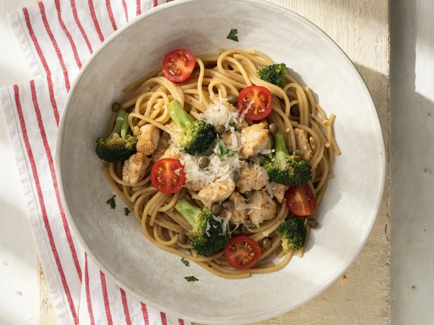 Spaghetti aglio olio z kurczakiem